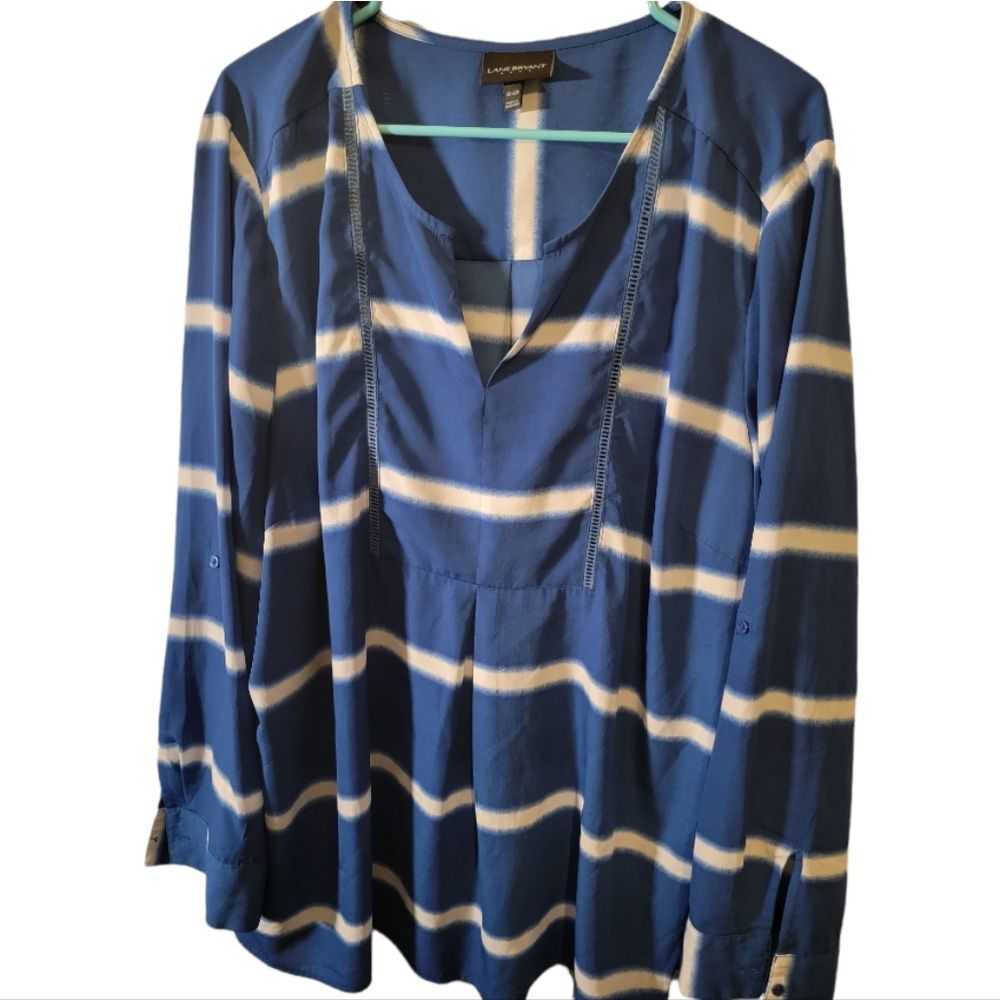 Lane Bryant Blue Stripe Tunic Plus Size 26W Long Sleeve Blouse Top Casual